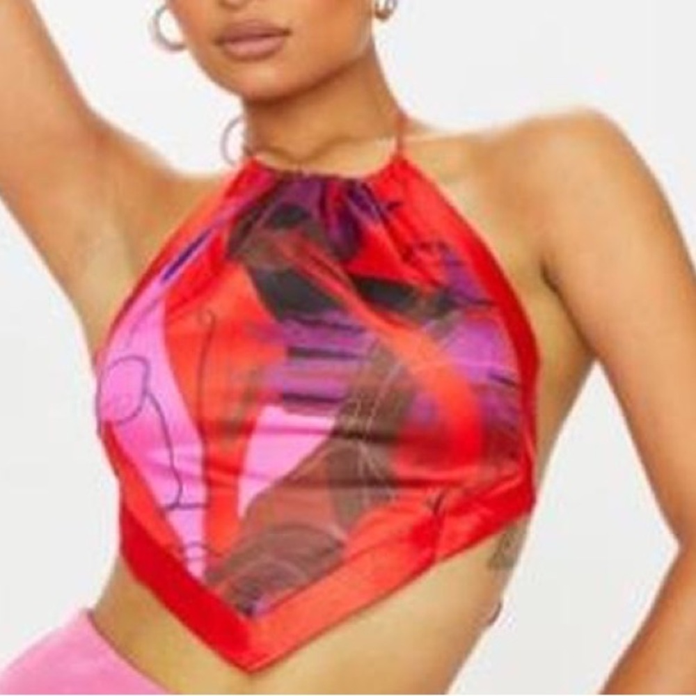 3/$10 PrettyLittleThing Y2K Style Vibrant Halter Cropped Red Top